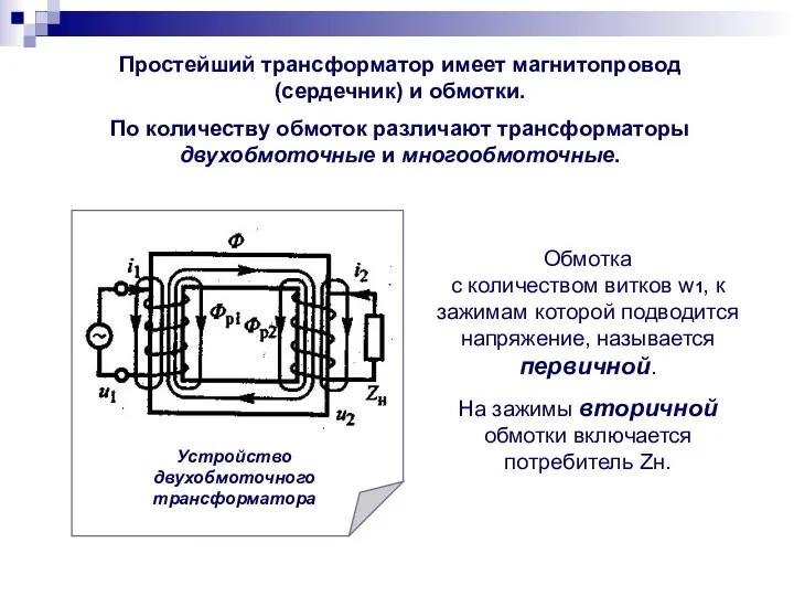 Простейший трансформатор имеет магнитопровод (сердечник) и обмотки. По количеству обмоток