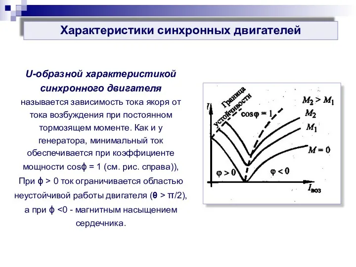 Характеристики синхронных двигателей U-образной характеристикой синхронного двигателя называется зависимость тока