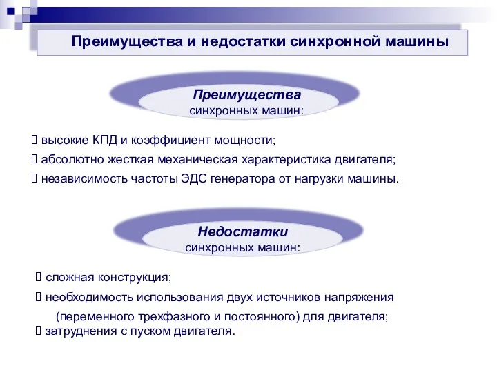 Преимущества синхронных машин: высокие КПД и коэффициент мощности; абсолютно жесткая