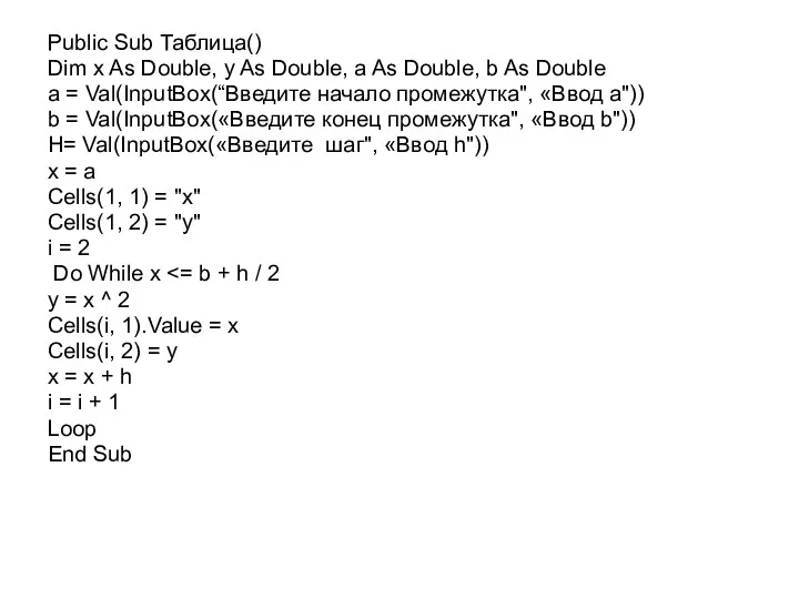 Public Sub Таблица() Dim x As Double, y As Double,