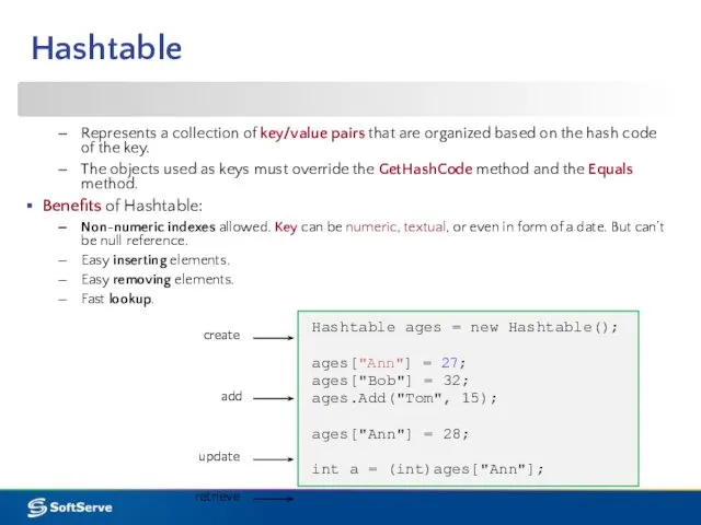 Hashtable Represents a collection of key/value pairs that are organized