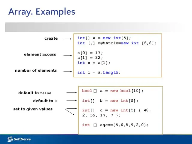 int[] a = new int[5]; int [,] myMatrix=new int [6,8];