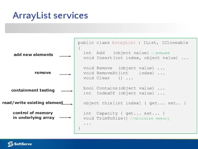 ArrayList services public class ArrayList : IList, ICloneable { int