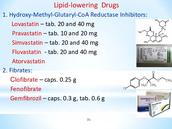 Lipid-lowering Drugs 1. Hydroxy-Methyl-Glutaryl-CoA Reductase Inhibitors: Lovastatin – tab. 20 and 40 mg