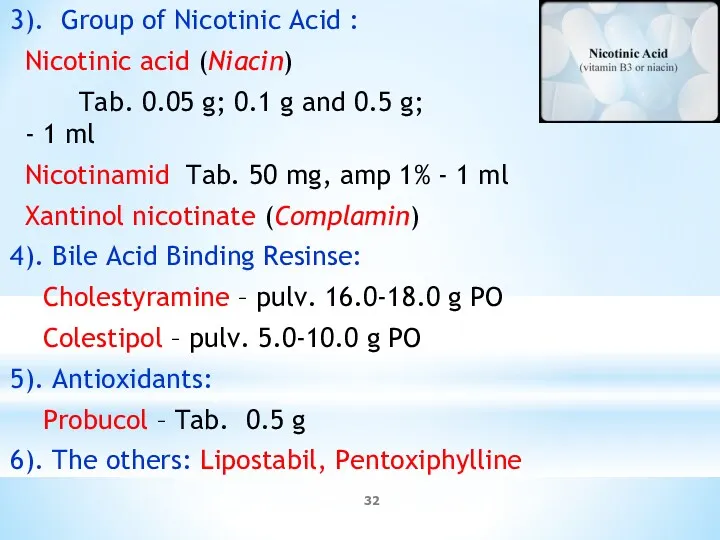 3). Group of Nicotinic Acid : Nicotinic acid (Niacin) Tab. 0.05 g; 0.1