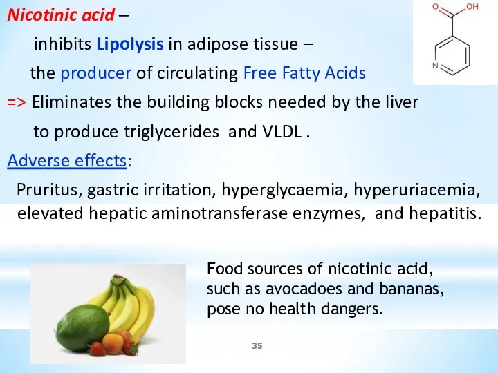Nicotinic acid – inhibits Lipolysis in adipose tissue – the producer of circulating