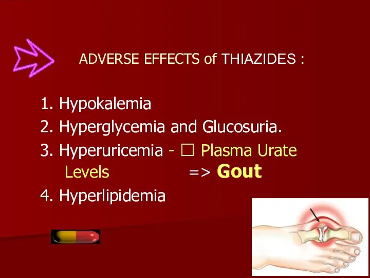 ADVERSE EFFECTS of THIAZIDES : 1. Hypokalemia 2. Hyperglycemia and