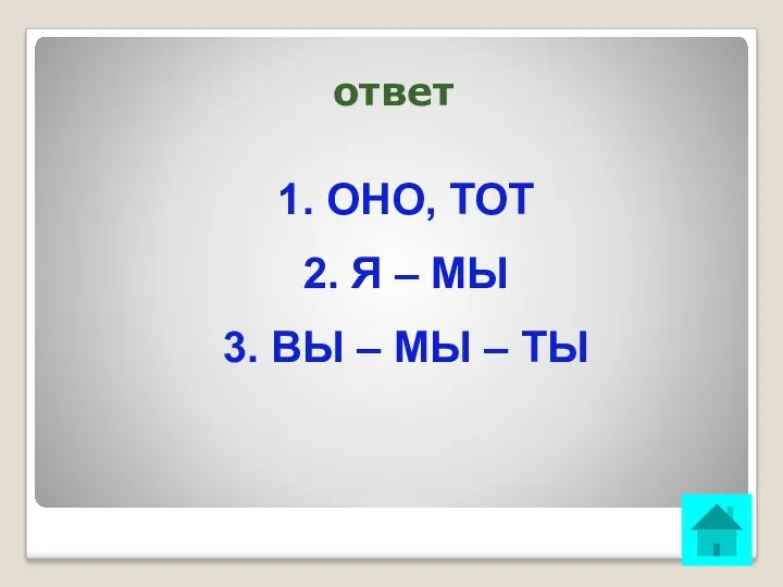 ответ 1. ОНО, ТОТ 2. Я – МЫ 3. ВЫ – МЫ – ТЫ