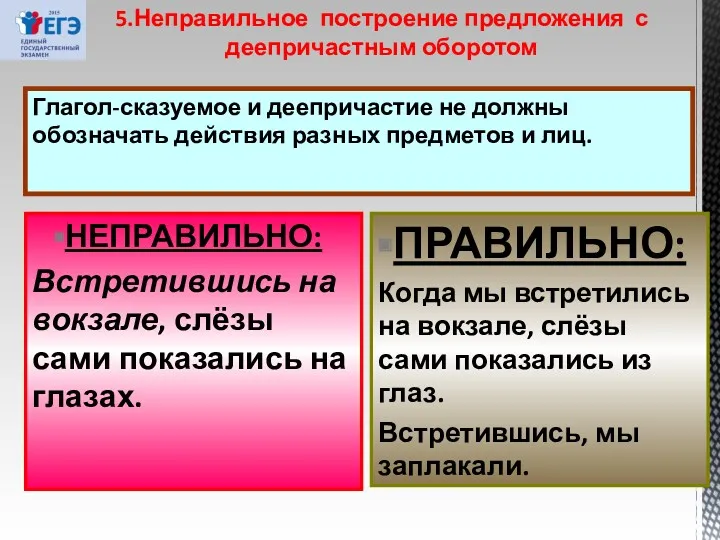 5.Неправильное построение предложения с деепричастным оборотом Глагол-сказуемое и деепричастие не