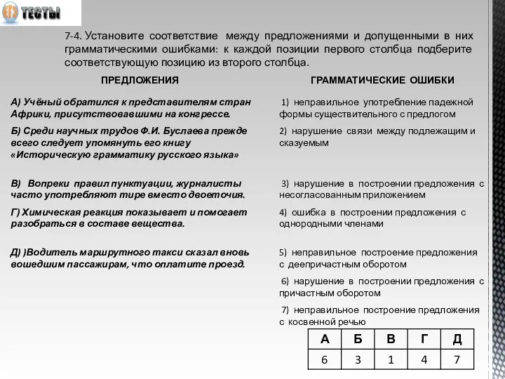 7-4. Установите соответствие между предложениями и допущенными в них грамматическими