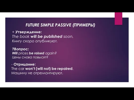 FUTURE SIMPLE PASSIVE (ПРИМЕРЫ) + Утверждение: The book will be