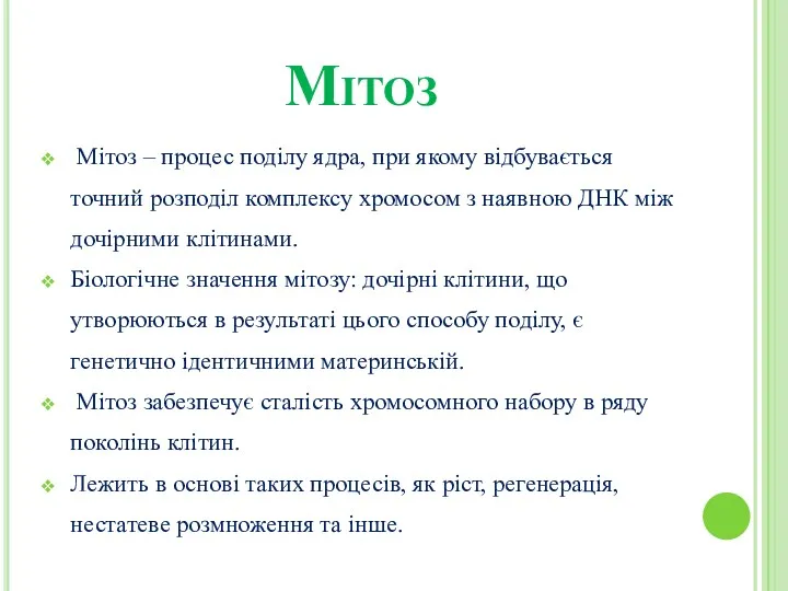 Мітоз Мітоз – процес поділу ядра, при якому відбувається точний