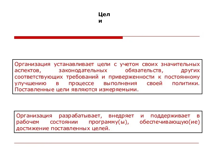 Цели Организация устанавливает цели с учетом своих значительных аспектов, законодательных