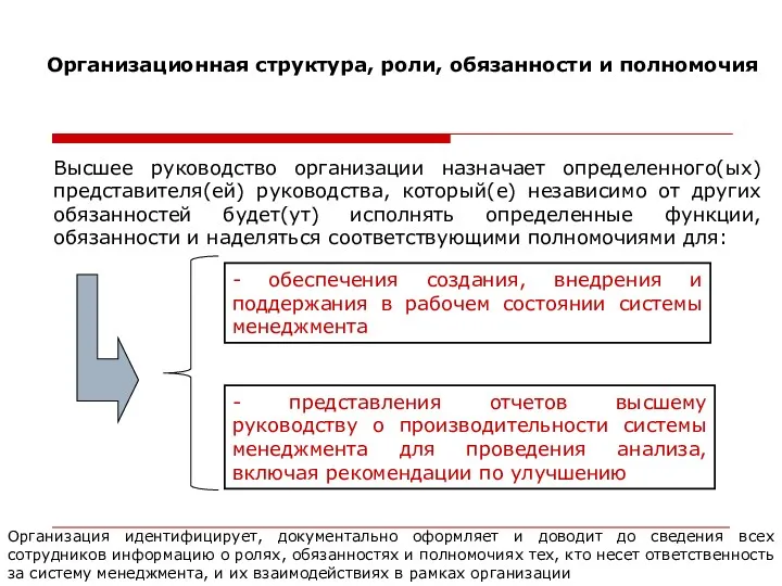 Организационная структура, роли, обязанности и полномочия Высшее руководство организации назначает