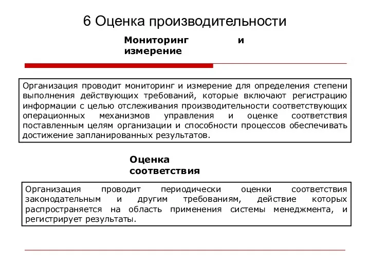 6 Оценка производительности Мониторинг и измерение Организация проводит мониторинг и