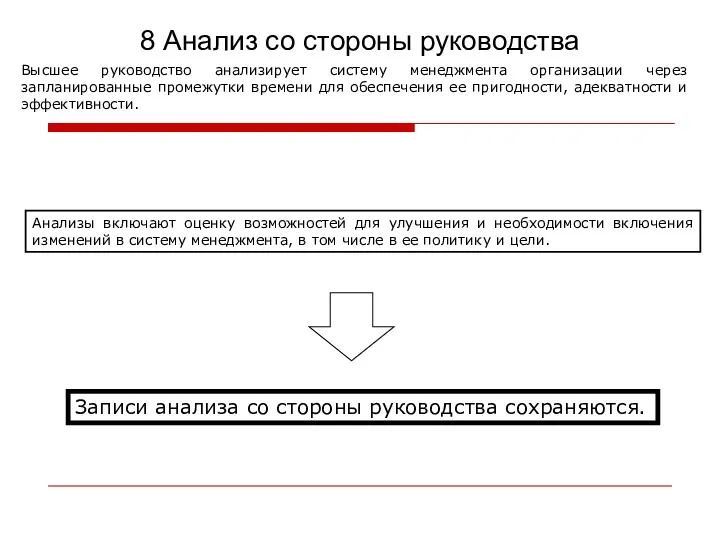 8 Анализ со стороны руководства Высшее руководство анализирует систему менеджмента