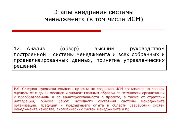 12. Анализ (обзор) высшим руководством построенной системы менеджмента и всех