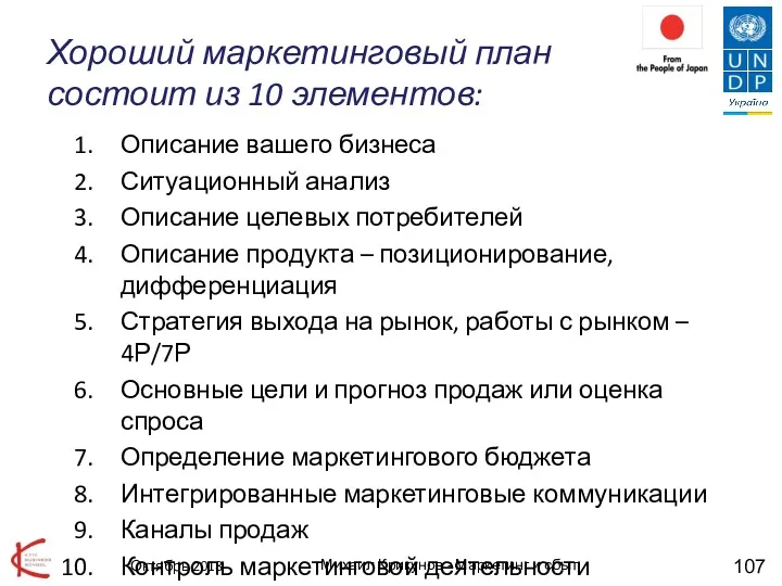 Хороший маркетинговый план состоит из 10 элементов: Описание вашего бизнеса Ситуационный анализ Описание