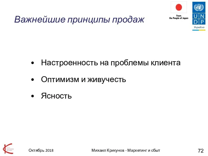 Октябрь 2018 Михаил Крикунов - Маркетинг и сбыт Важнейшие принципы продаж Настроенность на