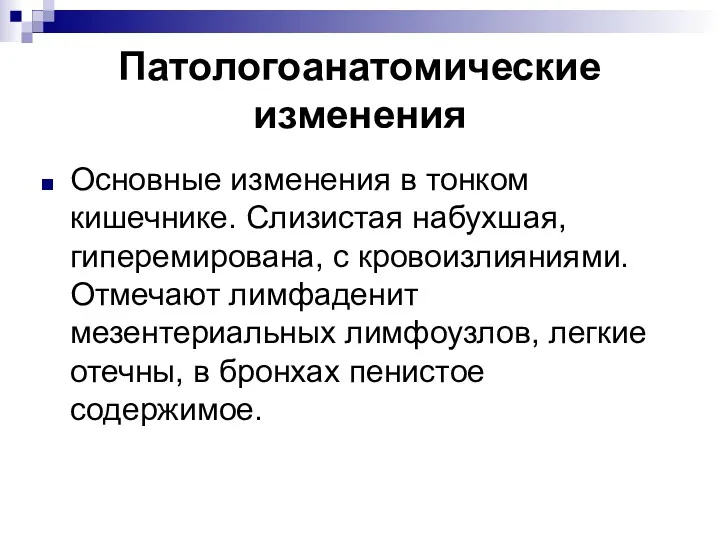 Патологоанатомические изменения Основные изменения в тонком кишечнике. Слизистая набухшая, гиперемирована,