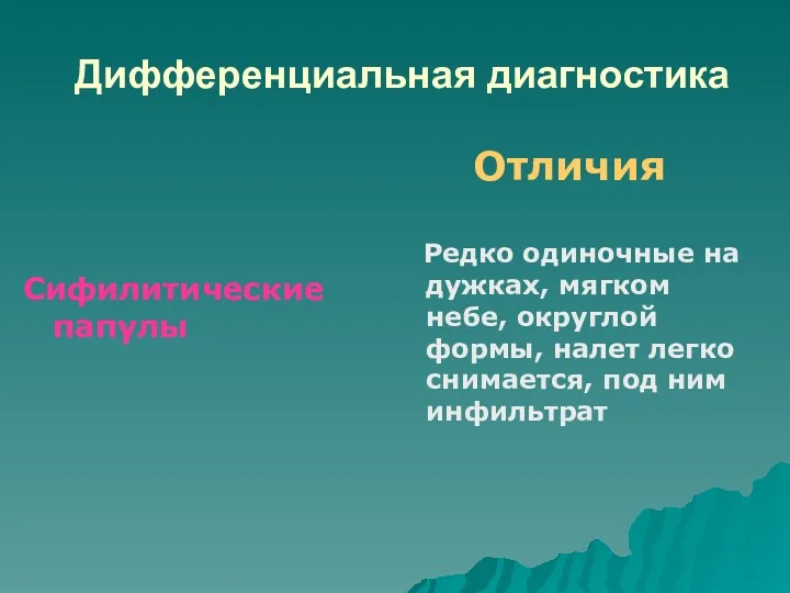 Дифференциальная диагностика Сифилитические папулы Отличия Редко одиночные на дужках, мягком