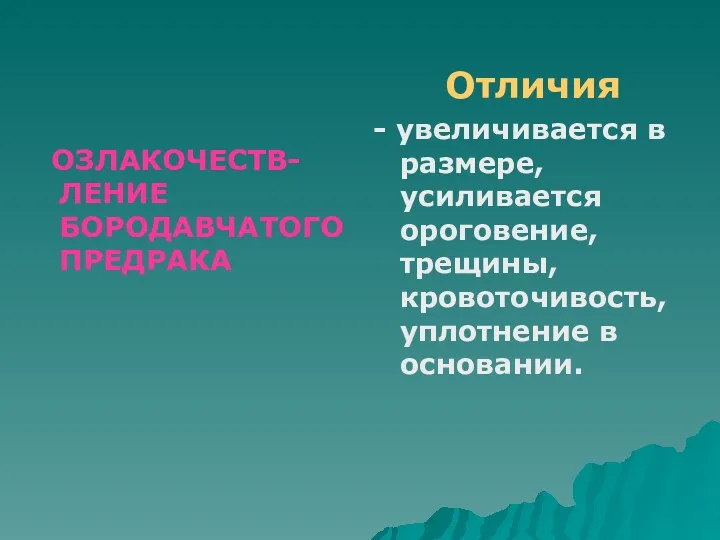 ОЗЛАКОЧЕСТВ-ЛЕНИЕ БОРОДАВЧАТОГО ПРЕДРАКА Отличия - увеличивается в размере, усиливается ороговение, трещины, кровоточивость, уплотнение в основании.