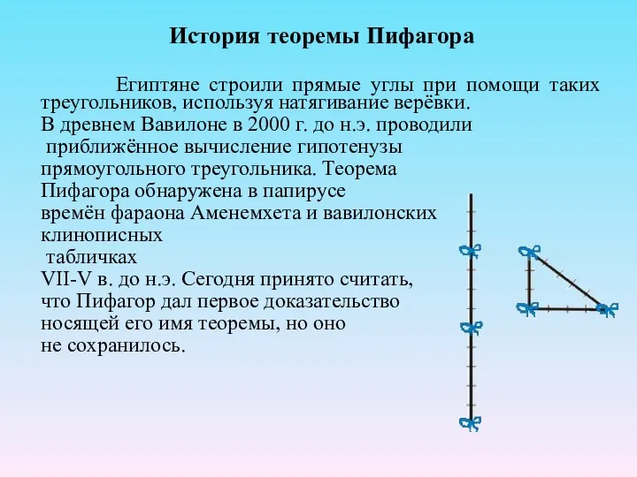 История теоремы Пифагора Египтяне строили прямые углы при помощи таких