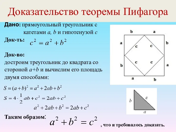 Доказательство теоремы Пифагора Дано: прямоугольный треугольник с катетами а, b