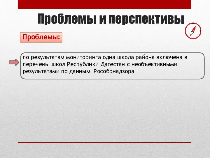 Проблемы и перспективы по результатам мониторинга одна школа района включена в перечень школ