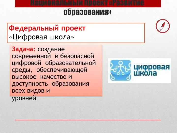 Национальный проект «Развитие образования» Задача: создание современной и безопасной цифровой образовательной среды, обеспечивающей