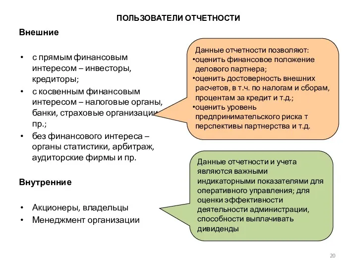 ПОЛЬЗОВАТЕЛИ ОТЧЕТНОСТИ Внешние с прямым финансовым интересом – инвесторы, кредиторы;