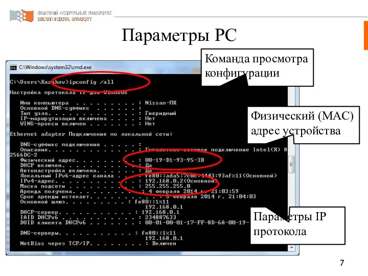 Параметры РС Параметры IP протокола Физический (MAC) адрес устройства Команда просмотра конфигурации