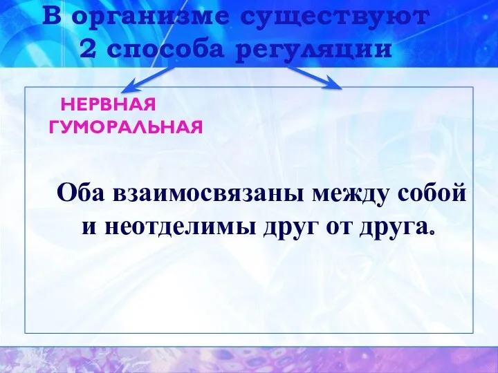 В организме существуют 2 способа регуляции НЕРВНАЯ ГУМОРАЛЬНАЯ Оба взаимосвязаны