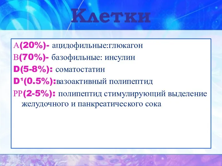 Клетки А(20%)- ацидофильные:глюкагон В(70%)- базофильные: инсулин D(5-8%): соматостатин D¹(0.5%):вазоактивный полипептид