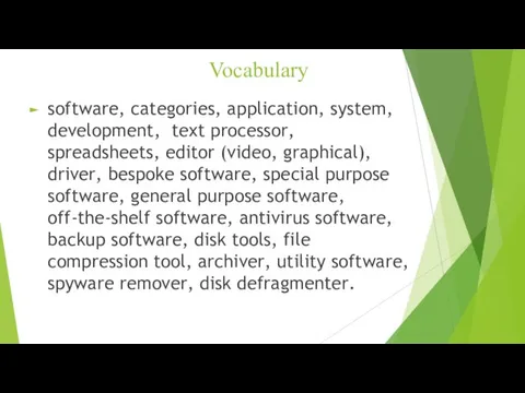 Vocabulary software, categories, application, system, development, text processor, spreadsheets, editor