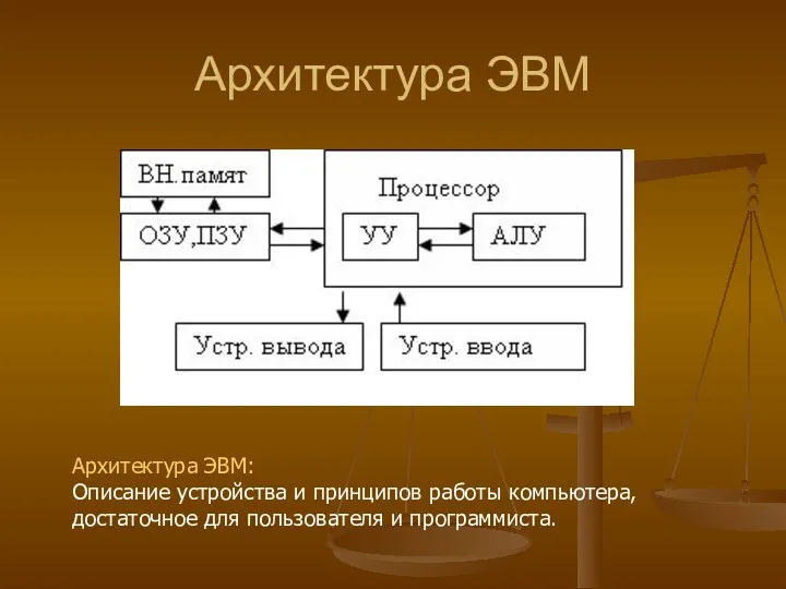 Архитектура ЭВМ Архитектура ЭВМ: Описание устройства и принципов работы компьютера, достаточное для пользователя и программиста.