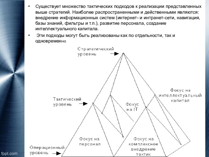 Существует множество тактических подходов к реализации представленных выше стратегий. Наиболее распространенными и действенными