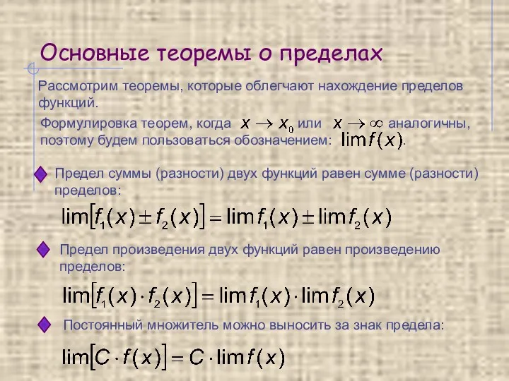 Основные теоремы о пределах Рассмотрим теоремы, которые облегчают нахождение пределов