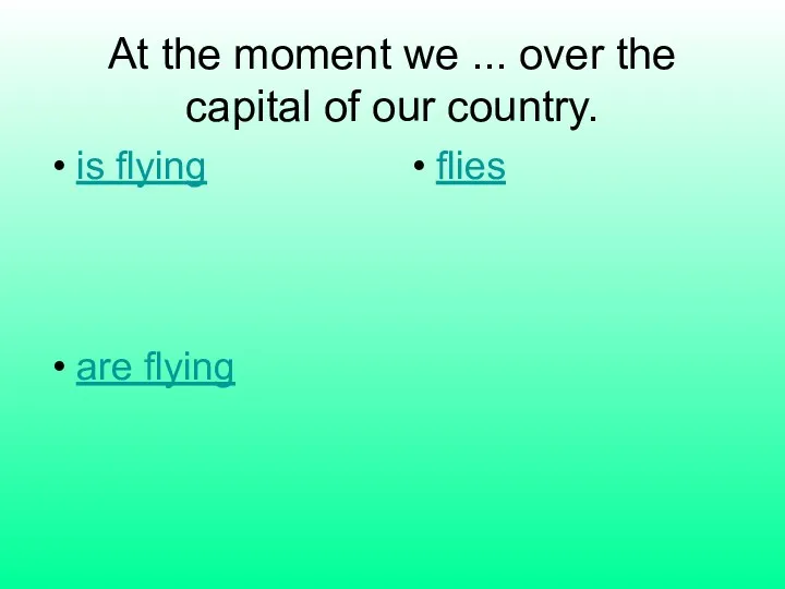 At the moment we ... over the capital of our country. is flying flies are flying