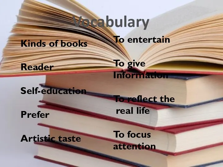 Vocabulary Kinds of books Reader Self-education Prefer Artistic taste To entertain To give