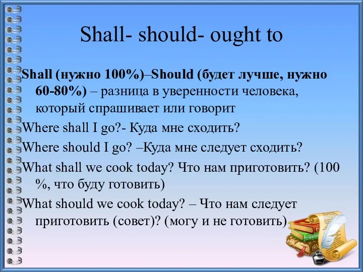 Shall- should- ought to Shall (нужно 100%)–Should (будет лучше, нужно