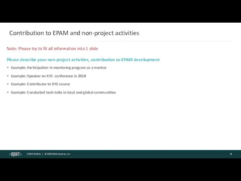 Contribution to EPAM and non-project activities Please describe your non-project