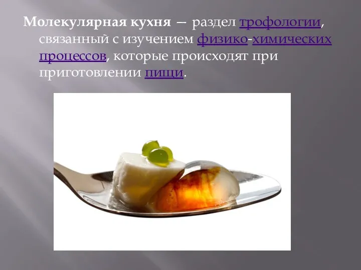 Молекулярная кухня — раздел трофологии, связанный с изучением физико-химических процессов, которые происходят при приготовлении пищи.