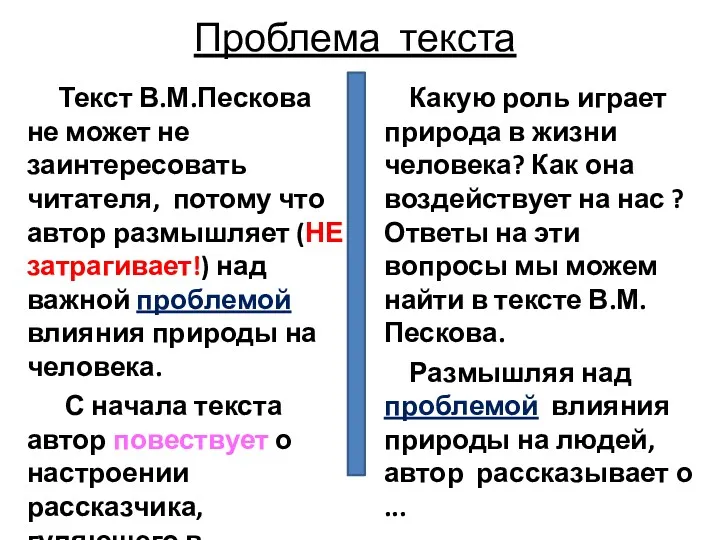 Проблема текста Текст В.М.Пескова не может не заинтересовать читателя, потому что автор размышляет