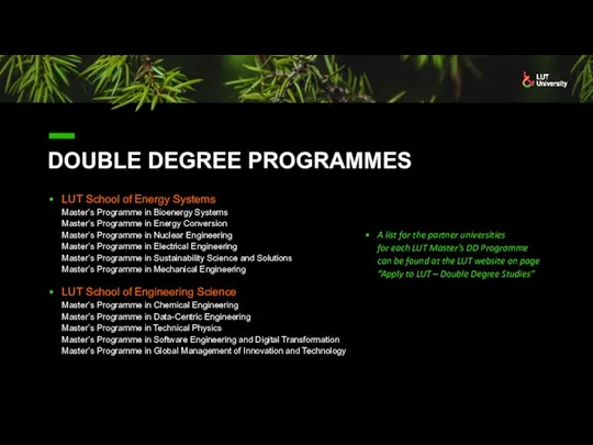 DOUBLE DEGREE PROGRAMMES LUT School of Energy Systems Master’s Programme