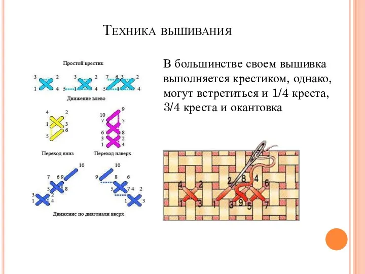 Техника вышивания В большинстве своем вышивка выполняется крестиком, однако, могут