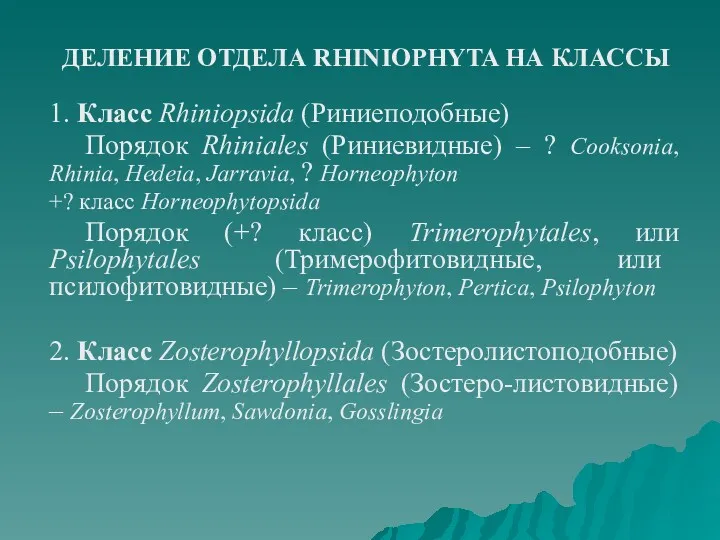 ДЕЛЕНИЕ ОТДЕЛА RHINIOPHYTA НА КЛАССЫ 1. Класс Rhiniopsida (Риниеподобные) Порядок