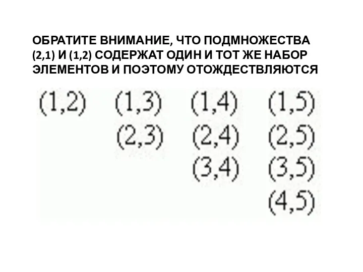 ОБРАТИТЕ ВНИМАНИЕ, ЧТО ПОДМНОЖЕСТВА (2,1) И (1,2) СОДЕРЖАТ ОДИН И