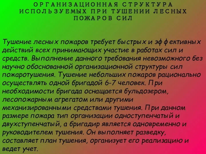 ОРГАНИЗАЦИОННАЯ СТРУКТУРА ИСПОЛЬЗУЕМЫХ ПРИ ТУШЕНИИ ЛЕСНЫХ ПОЖАРОВ СИЛ Тушение лесных