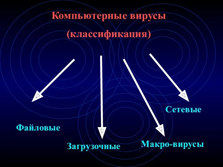 Компьютерные вирусы (классификация) Файловые Загрузочные Макро-вирусы Сетевые